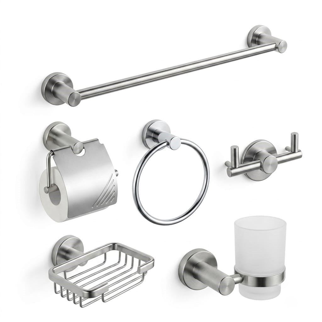 Ensemble De 6 Piéces D'accessoires De Toilette en Aluminium Chrome Brossé