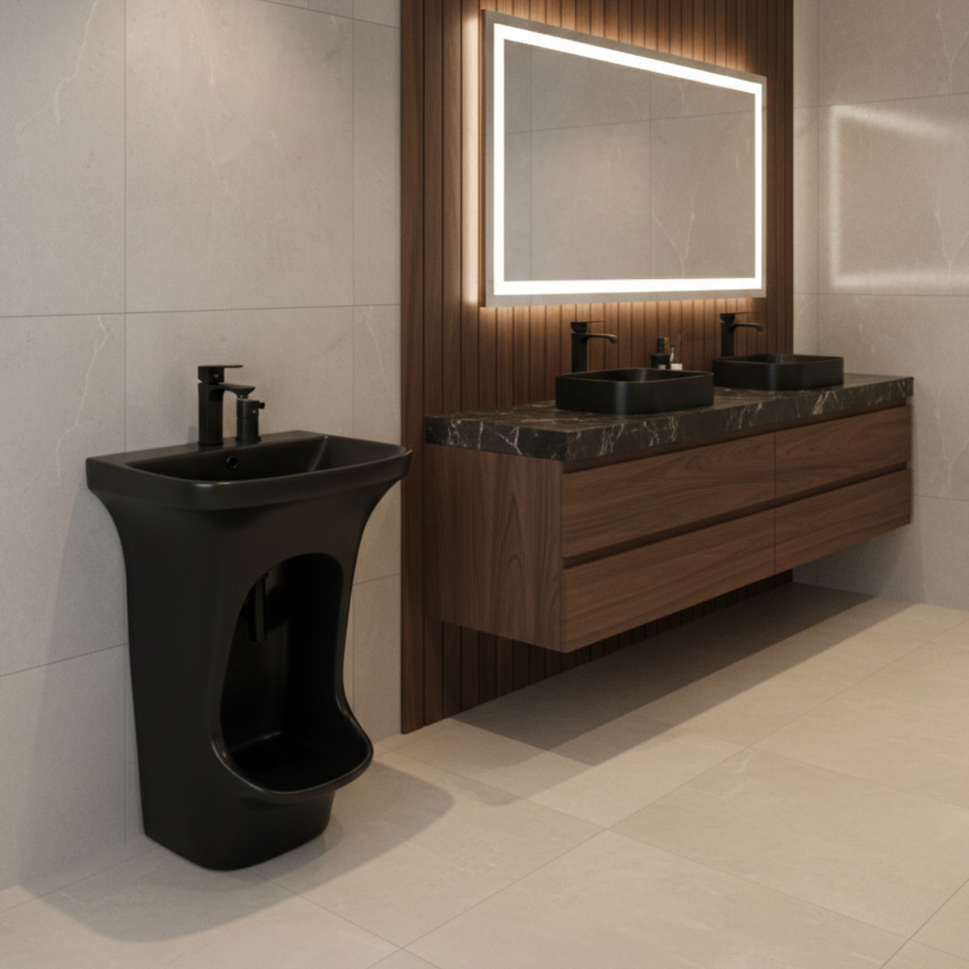 Ensemble Lavabo sur Colonne avec Bidet Intégré + Robinetterie